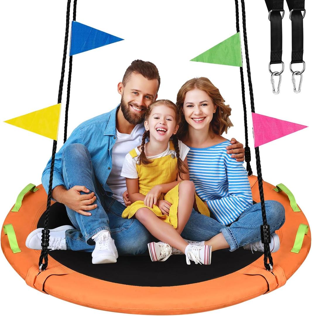 48 inch Tree Swing, Larger Saucer Flying Swing for Whole Family, 900lbs Weight Capacity, with Adjustable Hanging Straps, for Outdoor Playground, Orange