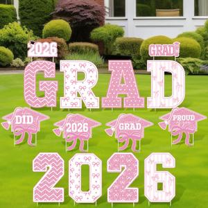 Bucherry 14 Pcs Graduation Yard Signs 2026 Decorations Outdoor Large Pink Bow Congrats Grad Lawn Signs with Stakes Class of 2026 Graduation Garden Party Supplies Photo Backdrop Prop College Decor