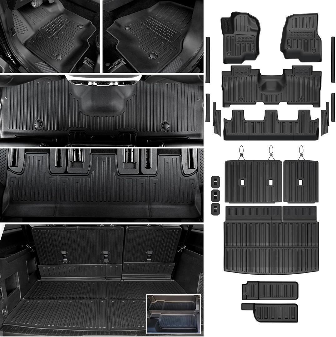 Floor Mats Cargo Mat Set for 2018-2024 Ford Expedition Max 8 Seats Bench Seat, All Weather TPE Cargo Liner Trunk Lower Mat Door Sill Guards Accessories (8 Seats Floor Mats Set)