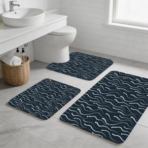 3PCS Absorbent Bath Mat, Quick Dry Non Slip Bath Rug, Navy Blue