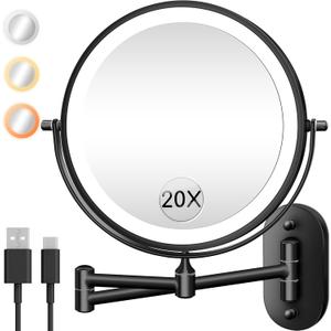 Wall Mounted Makeup Mirror with Light, 20X/1X 8'' Double Sided LED Magnifying Bathroom Lighted Vanity Mirror with Magnification, 3 Color Light up Touch Dimmable Extended Arm 360 Rotation (Black)