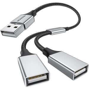 MOGOOD USB Splitter Cable USB y Splitter Adapter (Carplay NOT Supported) Dual Type A 2.0 Power Cord Extension for Charging/Data Transfer/Laptop/Mac/Car (Silver)
