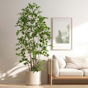 Artificial Ficus Tree Indoor 8ft, Large Potted Faux Tree with Realistic Silk Leaves & Trunk for Home Office, Living Room Corner Decor (Green)