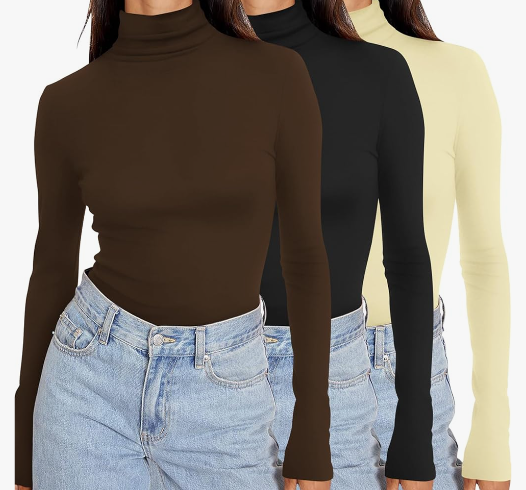 Ekouaer Women's 2 Pack Turtleneck Long Sleeve Shirts Slim Fit Thermal Underwear Tops Lightweight Pullover Tees M