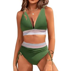 2 PACK Uikue Women's Bikini Sets V Neck 2 Piece Swimsuits High Waisted Color Block Drawstring Bathing Suits Tummy Control Swimwear M