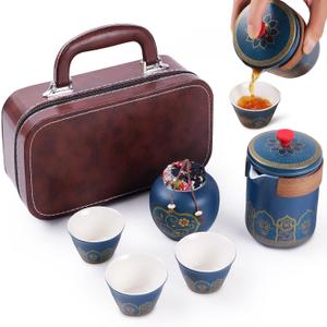 Portable Chinese Tea Set with Carrying Case, Navy Blue Ceramic, Gold Floral Design, Travel Teapot with Filter and 3 Tasting Cups