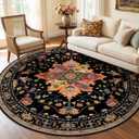RELEANY Area Rugs 6ft Washable Non-Slip, Floral Vintage Distress Print Pattern Medallion Carpet for Living Room Bedroom Dining Room, Black Colorful Floral Dark Tan
