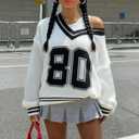 FASHGL Women Y2K Sweater Oversized Streetwear Sweaters Long Sleeve V Neck Pullover Jumper Knit Top Cute Number Graphic Top (White, M)