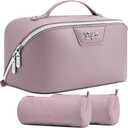 BOYATU Travel Makeup Bag Cosmetic Bags for Women: Large Capacity 3 Pcs Set Make up Bag with Compartments - Waterproof Vegan Leather Toiletry Organizer Bags with Handle (L28Purple)
