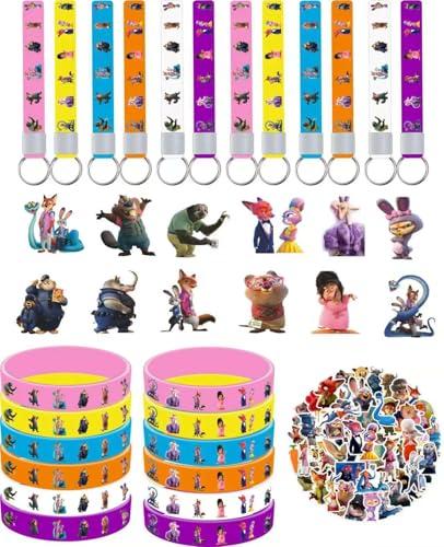 KKOND Zootopia2 Birthday Party decorations Set Included 12 Bracelets, 12 Acrylic Pins, 12 Keychains, 50 Stickers, for Boys and Girls Cartoon Theme Party
