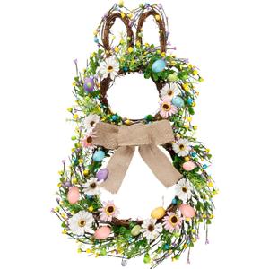Sggvecsy 25 Inch Easter Bunny Shaped Artificial Flower Wreath with Colorful Berries Daisies Greenery Bow Knot for Front Door Easter Summer Farmhouse Wall Home Window Decor