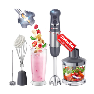 Mueller Multistick 5-in-1 Immersion Blender Handheld, 12 Speed Hand Mixer - Turbo Boost, Heaviest Duty Copper Motor, Titanium Blades Hand Blender, Milk Frother Wand, Whisk, Beaker, Chopper, Grey