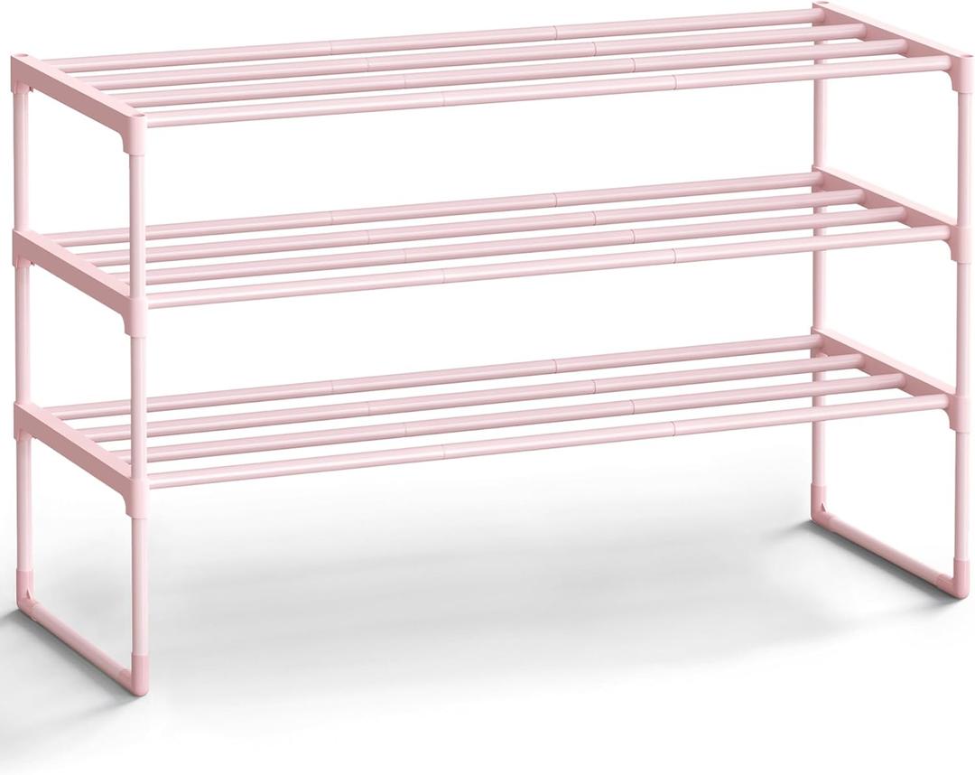 SONGMICS Shoe Rack, 3-Tier Shoe Organizer, Metal Storage Shelf, Upright or Upside Down, for 16-20 Pairs, Stackable, for Entryway, 11.8 x 36.2 x 21.7 Inches, Jelly Pink ULSA303S01