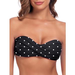 Colloyes Women's Bandeau Bikini Top Strapless Tie Back Bathing Suit Top (Black Polka Dot, Small)