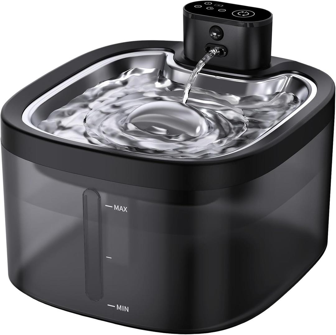 Wireless Cat Water Fountain with Stainless Steel Tray, 3.5L/118oz Rechargeable Battery Pet Water Dispenser, Ultra-Quiet Indoor Fountain with Motion Sensor, BPA-Free(2Filters)