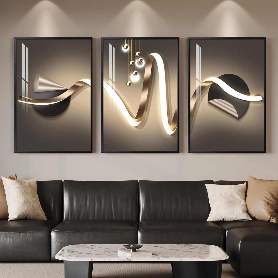 Large Framed Modern Luxury Black and Gold Abstract Wall Art for Living Room, 3 Piece Contemporary Elegant Prints Paintings, Geometric Pictures for Bedroom Entryway Home Office Wall Decor 24x36 In, 24" W x 36" H x 3Pcs