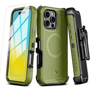 M MYBAT PRO Maverick Series iPhone 16 Pro Max Case with Belt Clip Holster,[Compatible with Magsafe] w/Screen Protector,Anti-Drop,Shockproof,360Rotating Kickstand,Heavy Duty Protection Army Green