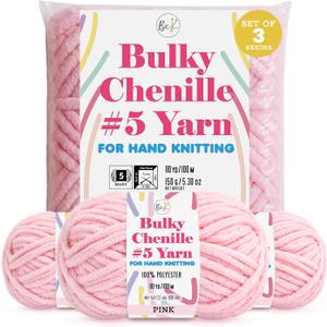 3 Pack of Chunky Chenille Yarn #5 Pink | Polyester Soft Velvet Finger Knitting Crochet Skein-110yd 150g 5.3oz Bulky Jumbo | Blankets, Amigurumi, Crafting | Holiday Gifts