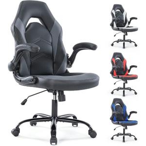 Gaming Computer Chair Ergonomic Office Chair Desk Chair with Lumbar Support Flip Up Arms Adjustable Height Swivel PU Leather Executive with Wheels for Adults Women Men Gray, C-3895-BKGY (Grey)