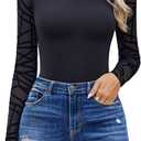 Avidlove Women Long Sleeve Bodysuit Crew Neck Body Suits Mesh One Piece Leotards Shirt Going Out Bodysuit Tops (Medium, Geo Pattern)