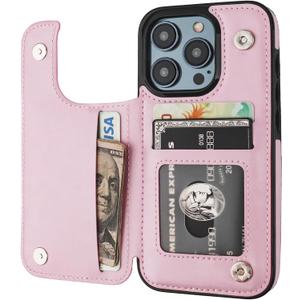 ONETOP Compatible with iPhone 15 Pro Wallet Case with Card Holder, PU Leather Kickstand Card Slots Case, Double Magnetic Clasp and Durable Shockproof Cover 6.1 Inch (Pink)