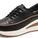 QIJOZXN Women's Leather Lace-Up Platform Wedge Sneakers Breathable Lightweight Comfortable Low Top Walking Shoes with Arch Support Non-Slip Fashion Casual Sneakers, 40