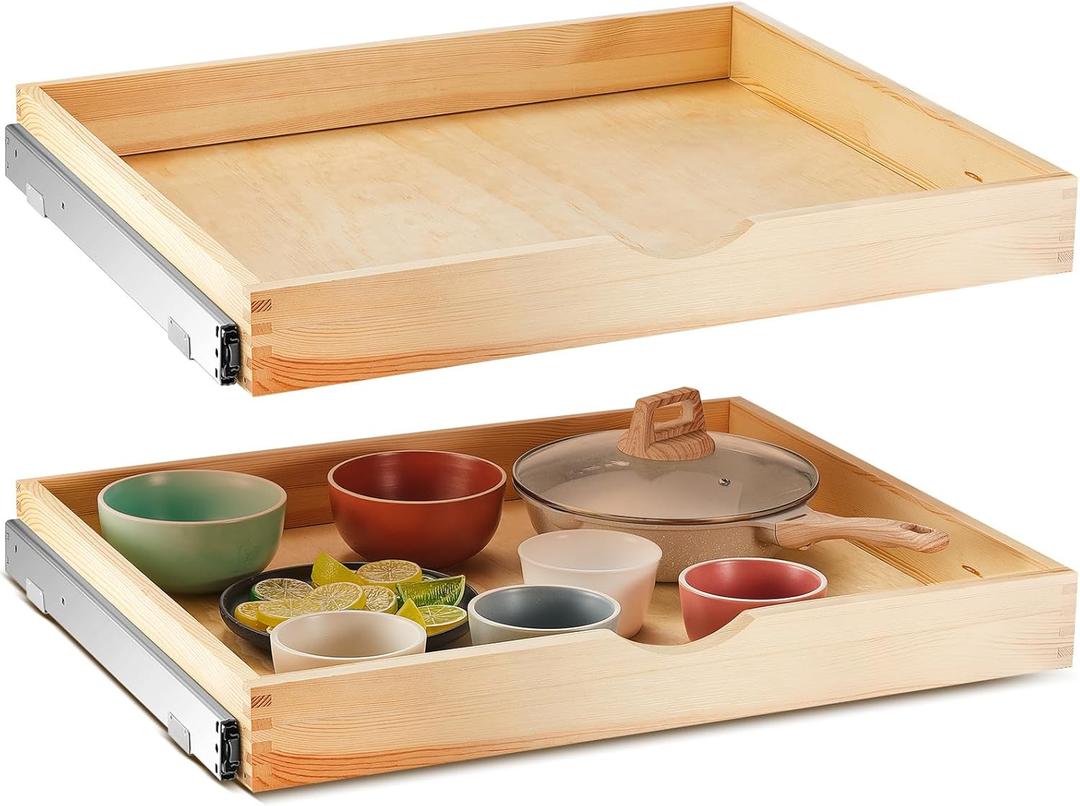Set of 2 Pull out Tray Cabinet Organizer Wooden Pull Drawers storage Slide out Pantry Shelf for Base Cabinet Kitchen Gentle Close Fully Assembled Accessories (Wood Color, 27'' X 21'' X 3")