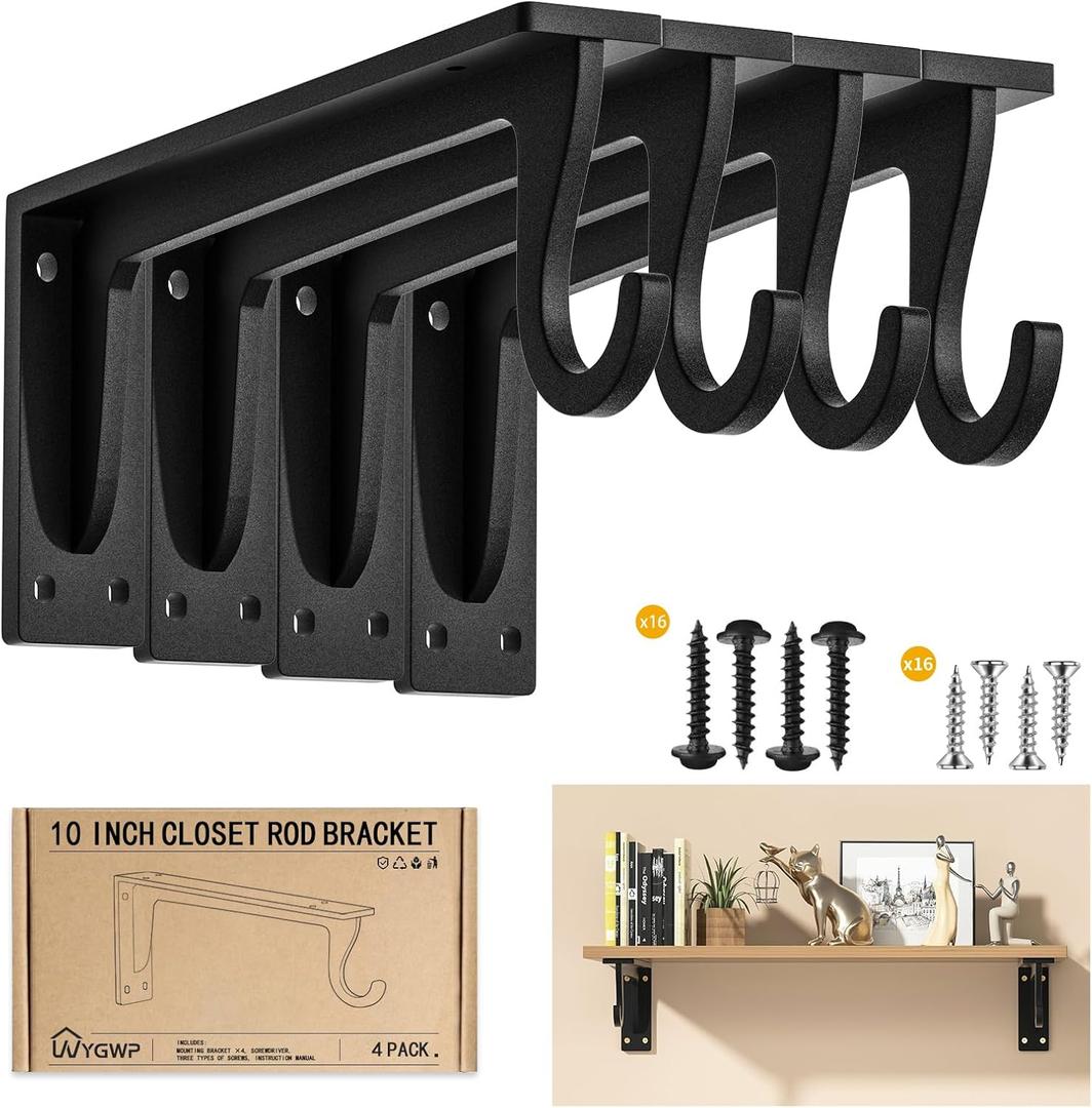 Closet Rod Brackets Heavy Duty Support 400 lbs WYGWP 10 inch Wall Mounted Closet Shelf Brackets with Rod Holder for Home and Closet Decor (4pack Black)