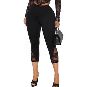 Womens Capri Leggings Sexy Lace Pants Mesh Cropped 3/4 Knee Length Dressy Going Out Bottoms Size M