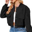 Zando Womens Bomber Jacket Button Down Short Cropped Jackets Long Sleeve Baseball Varsity Jacket Casual Jackets with Pockets (Medium, Black)
