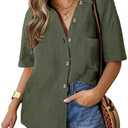 HOTOUCH Linen Shirts for Women Button Down Shirt Cotton Short Sleeve Collared Loose Fit Blouse Drop Shoulder Casual Tops, Green, Large
