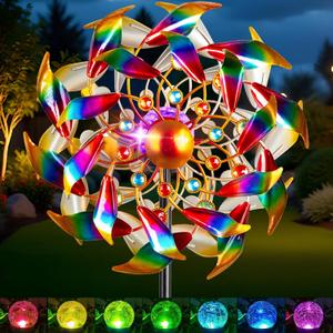 Solar Wind Spinners for Yard and Garden - 360 Metal Large Wind Sculptures Outdoor Clearance Kinetic Windmills with 4 Layer Jeweled Blades for Patio, Lawn Garden Decoration - 54Inch (Gemstone)