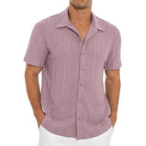 NITAGUT Men's Short Sleeve Shirts Casual Button Down Shirts Vacation Beach Summer Hollow Out Tops, Purple, Medium