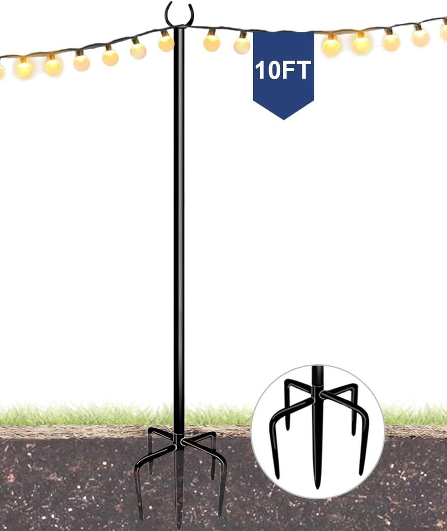 10FT String Light Pole for Outdoor, Heavy Duty Metal Lighting Stand Pole for Garden Lawn Backyard Patio Holiday Wedding Party Decorations (1 Pack)