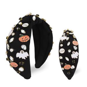 YARIEW Halloween Knotted Headbands for Women Boo Pumpkin Rhinestone Ghost Headband for Women Fashion Headband Hair Accessories Halloween Birthday Gift Black