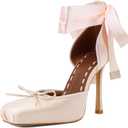 JilTrdWei Women's Ballet Heels, Satin Ballerina High Heels with Ribbon Lace-Up, Square Toe Mary Jane Stiletto Heels for Party, Wedding & Formal Dress-Cha-7.5 Champagne