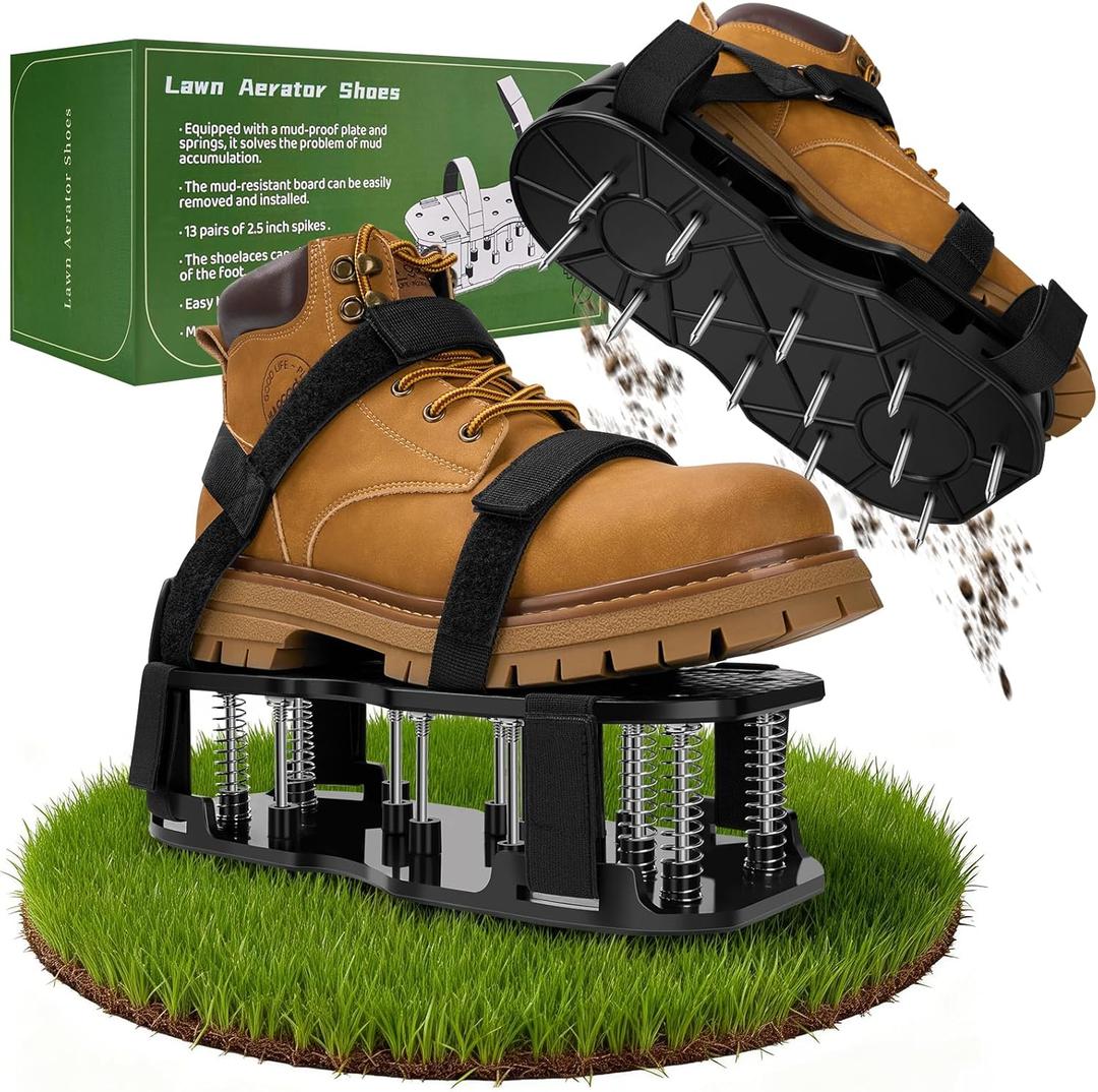 Lawn Aerator Shoes, Pre-Installed Two-Layer Spike Aerator Shoes Tool with Hook-and-Loop Adjustable Straps, Durable and Self-Cleaning for Patio Garden Soil and Plat Grassland, Black
