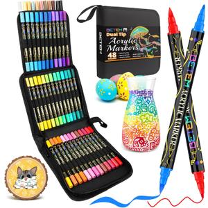 Betem Paint Markers Acrylic Paint Pens, Dual Tip 48 Colors Acrylic Markers with Brush Tip and Fine Point, Art Supplies for Wood, Canvas, Stone, Glass, Rock Painting Kit DIY Crafts Drawing Kit with Bag