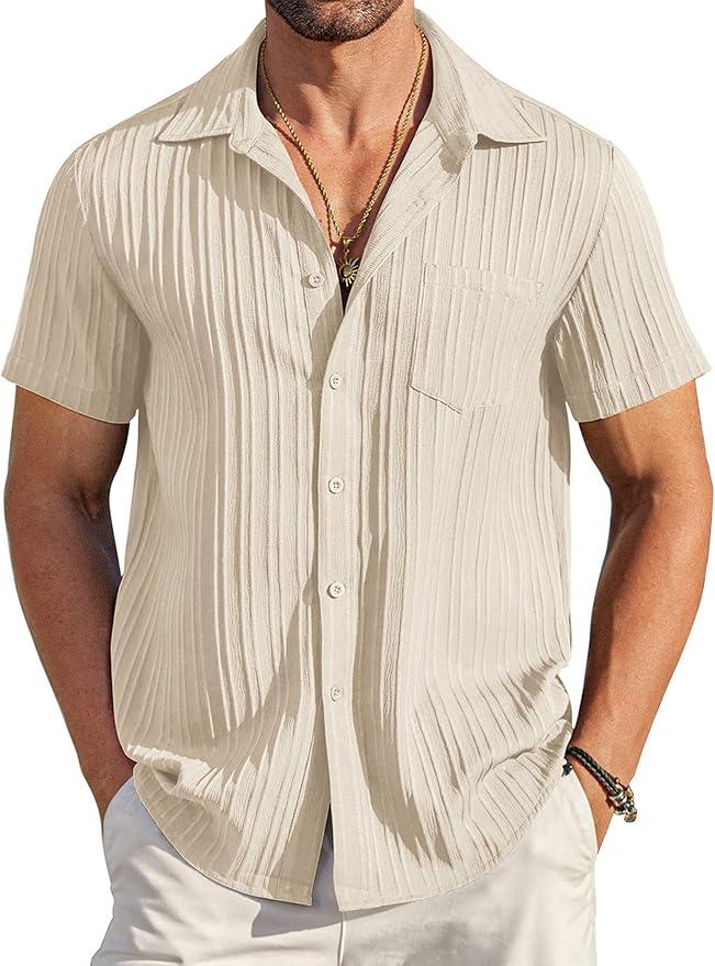 Men's Casual Button Down Shirts Short Sleeve Textured Shirt Summer Beach Tops, Medium