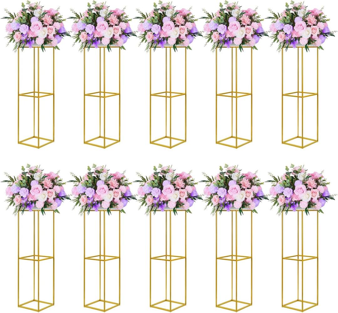YALLOVE 10 Pcs 31.5 Inch Metal Flower Stand, Gold Centerpieces Vases Stand With Clear Acrylic Sheets, Geometric Display Rack for Wedding Party Decorations