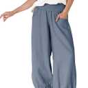 Xiaoxuemeng Womens Wide Leg Pants Cotton Linen Barrel Pants Elastic Waisted Lounge Trousers with Pockets (Blue, XS)