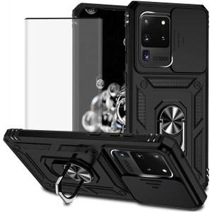 for Galaxy S20 Ultra Case/Samsung S20 Ultra SM-G988U Case with Tempered Glass Screen Protector and Slide Camera Cover,Magnetic Ring Car Mount Holder Cover for Samsung Galaxy S20 Ultra 5G Black