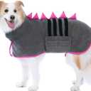 Super Absorbent Dog Bathrobe, Microfiber Bath Robe Towel for Fast Drying, Cozy Fit, Adjustable Belly Strap, Unique Dinosaur Design Dog Drying Coat for Bath, Rainy Walks & Cold Weather (XX-Large, Grey, Pink edging)