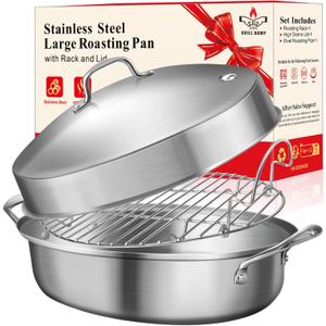 GRILL BUMP Roasting Pan, 21x13x11 Inch, Silver, Rectangular, Stainless Steel, 25LB Capacity, Turkey & Chicken Roaster with Rack and Lid