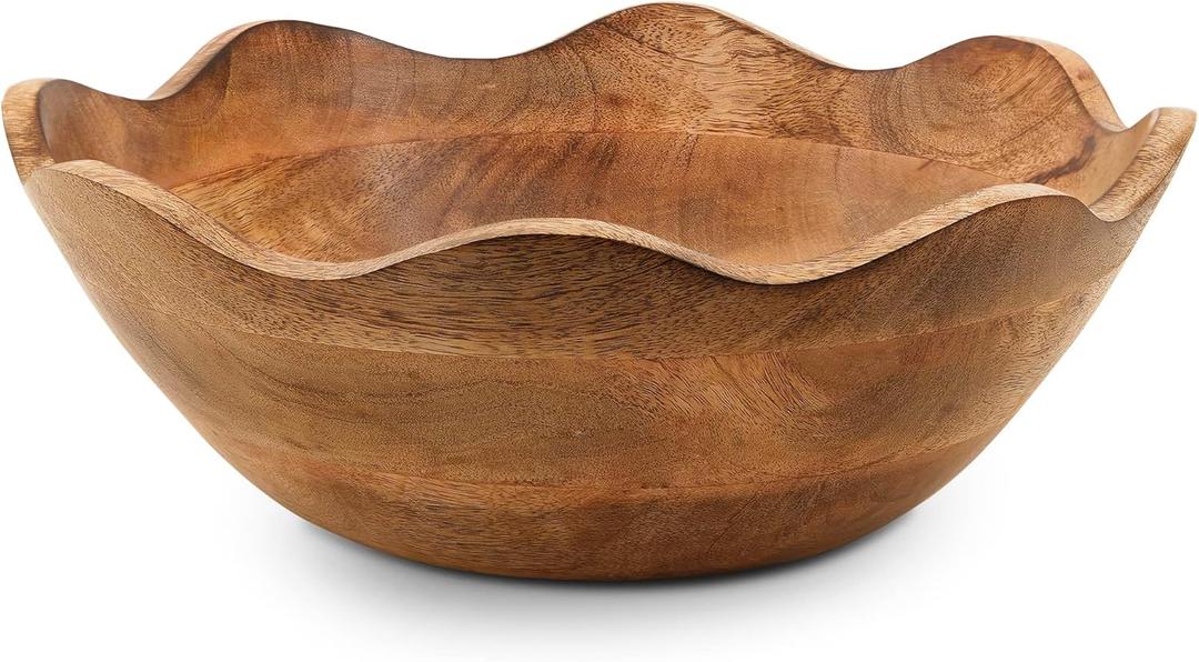 Mela Artisans Wooden Scalloped Bowl - Large | Ruffle Decorative Style | Rustic Kitchen Decor | Mango Wood | Natural Grain Finish | Fits Bread, Fruits, Salad or Popcorn | 12 x 4 x 11