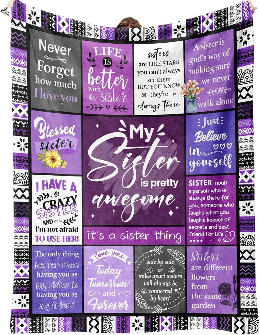 Sister Gifts Blanket, Happy Birthday Gifts for Sister, Unique Gift for My Dear Sis on Mothers Day Christmas - Soft Throw Blanket 60" x 50 (Purple)