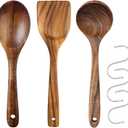 Wooden Kitchen Utensil Set, 100% Natural Teak Kitchen Utensils, Spatula, Soup Spoon, Salad Spoon, Wooden Cooking Utensils Set with S Hooks, Wood Spoons For Cooking (3 Packs)
