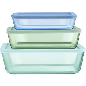 Pyrex Colors (3-Pack, Large) Tinted Glass Rectangle Food Storage Container Set, Snug Fit Non-Toxic Plastic BPA-Free Lids, Freezer Dishwasher Microwave Safe, 3 Cup, 6 Cup & 11 Cup (Blue, Green, Aqua)