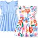 PATPAT Toddler Girl's Floral Dress Sets Pack Ruffle Sleeve Sleeveless A-line Skater Dresses Set Blue 2 Years