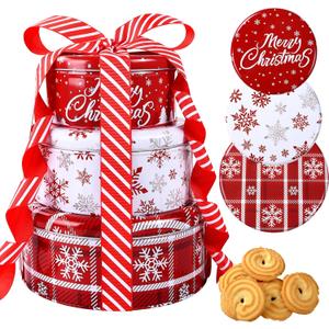 DIYDEC 3 Pack Christmas Cookie Tins With Lids Round Christmas Tin Containers With Gift Ribbon Large Medium Small Xmas Metal Nesting Containers Festive Cookie Tins for Gift Giving Holiday Treats